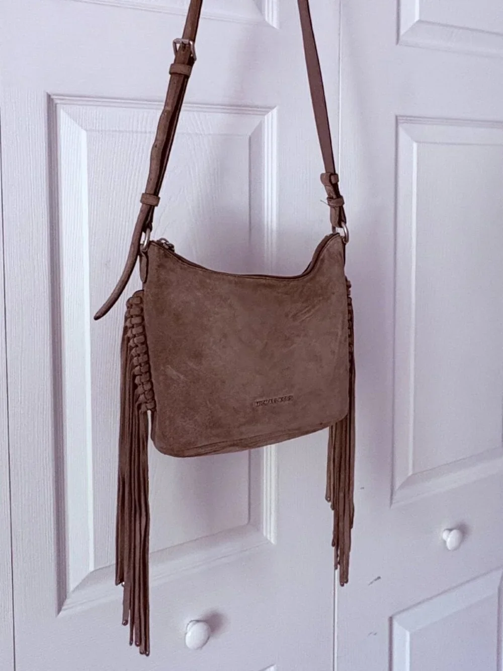 Michael Kors Billy Grey Suede Fringe Medium Crossbody Messenger Bag